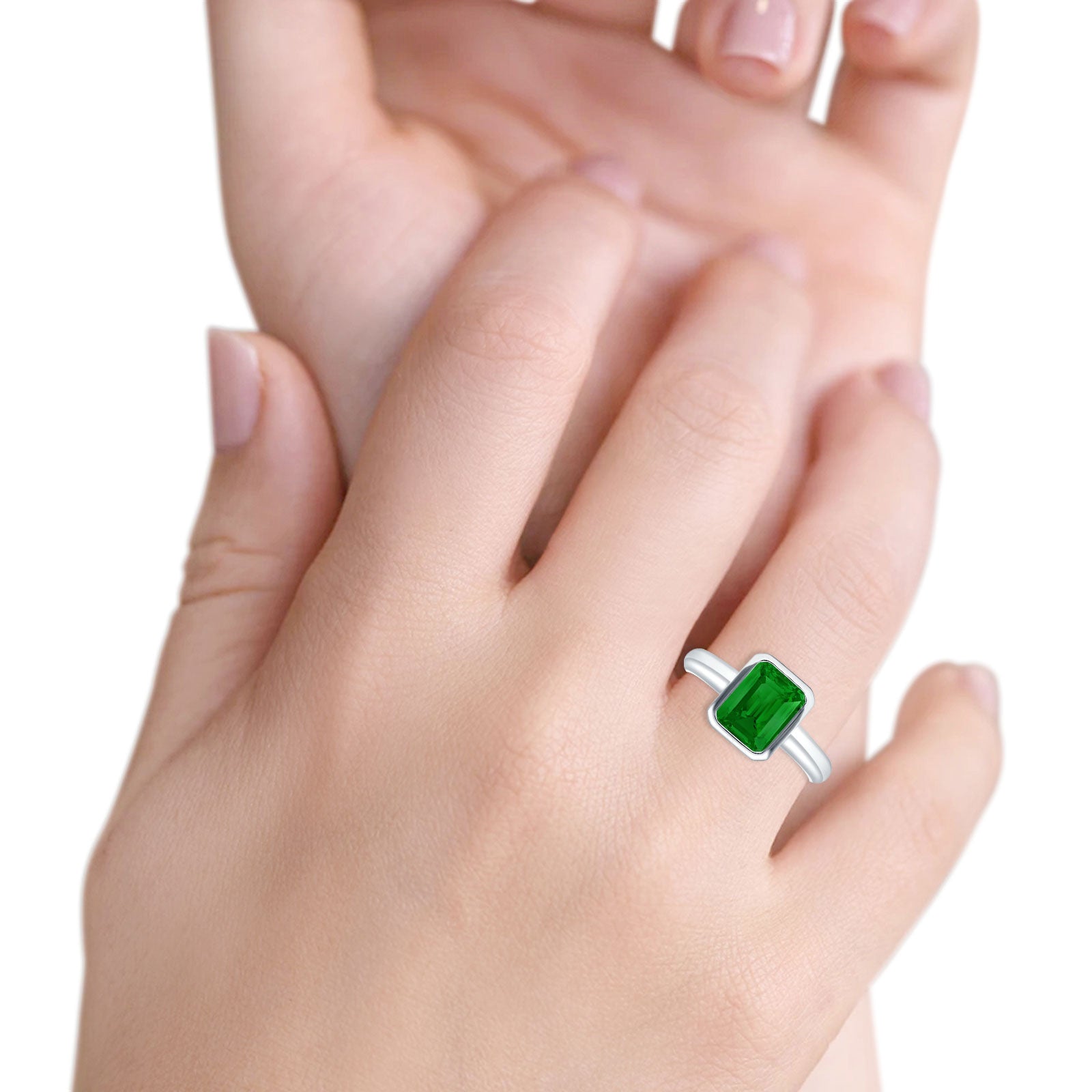 Bezel Set 9mmx7mm Emerald Engagement Ring Simulated Green Emerald CZ 925 Sterling Silver Wholesale