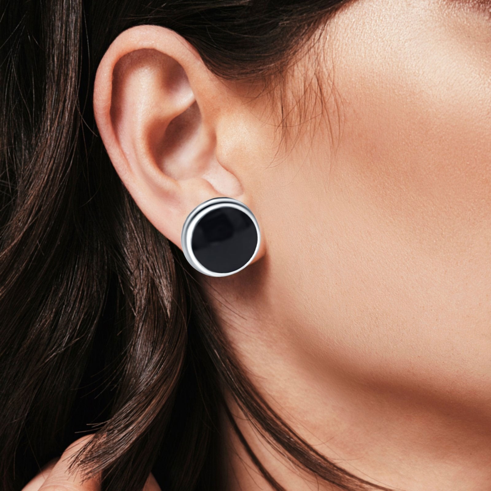 Half Ball Stud Earrings Round Simulated Black Onyx CZ 925 Sterling Silver (6mm-16mm)
