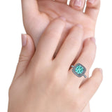 Halo Art Deco Cushion Cut Wedding Ring Black Tone, Simulated Paraiba Tourmaline CZ 925 Sterling Silver