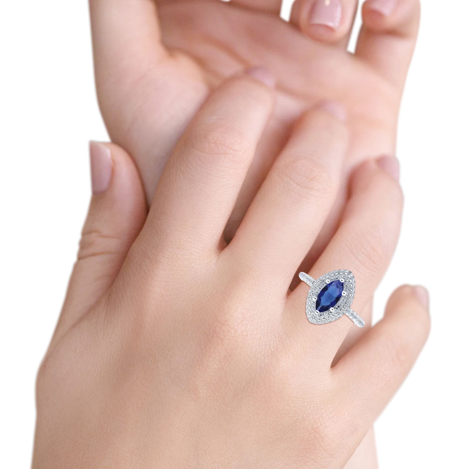 Halo Art Deco Marquise Wedding Ring Simulated Blue Sapphire CZ 925 Sterling Silver