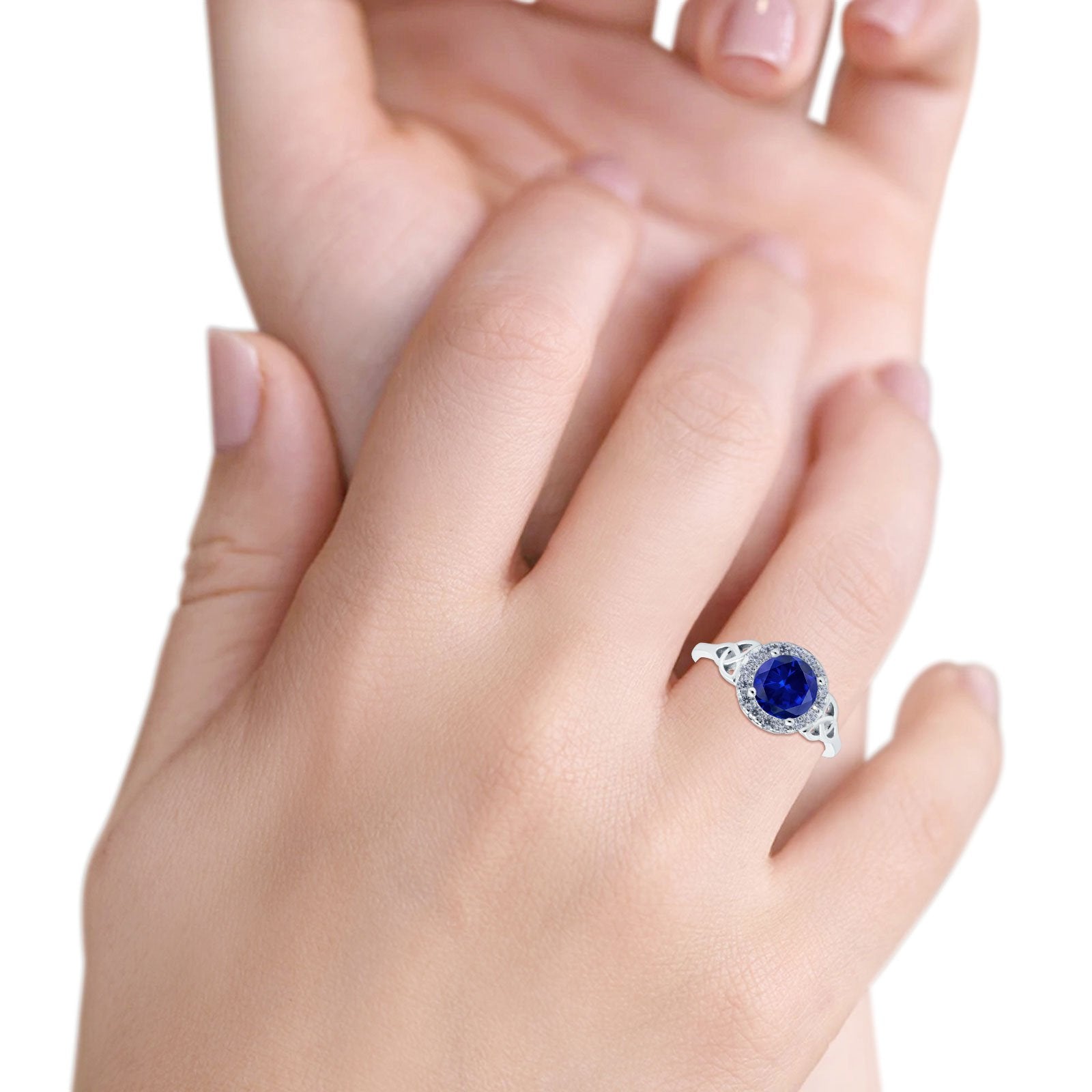 Celtic Halo Art Deco Wedding Ring Round Simulated Blue Sapphire CZ 925 Sterling Silver