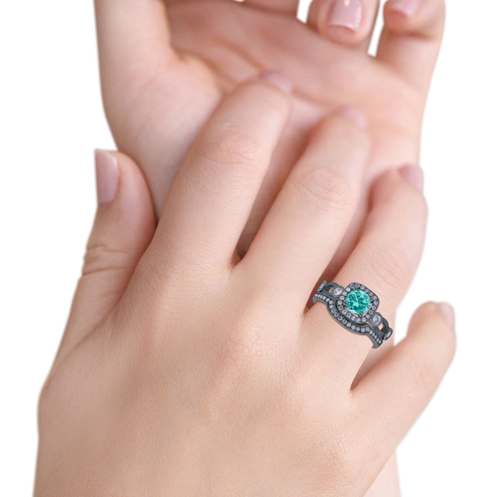 Two Piece Art Deco Wedding Ring Band Round Black Tone, Simulated Paraiba Tourmaline CZ 925 Sterling Silver