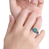 Two Piece Art Deco Wedding Ring Band Round Black Tone, Simulated Paraiba Tourmaline CZ 925 Sterling Silver