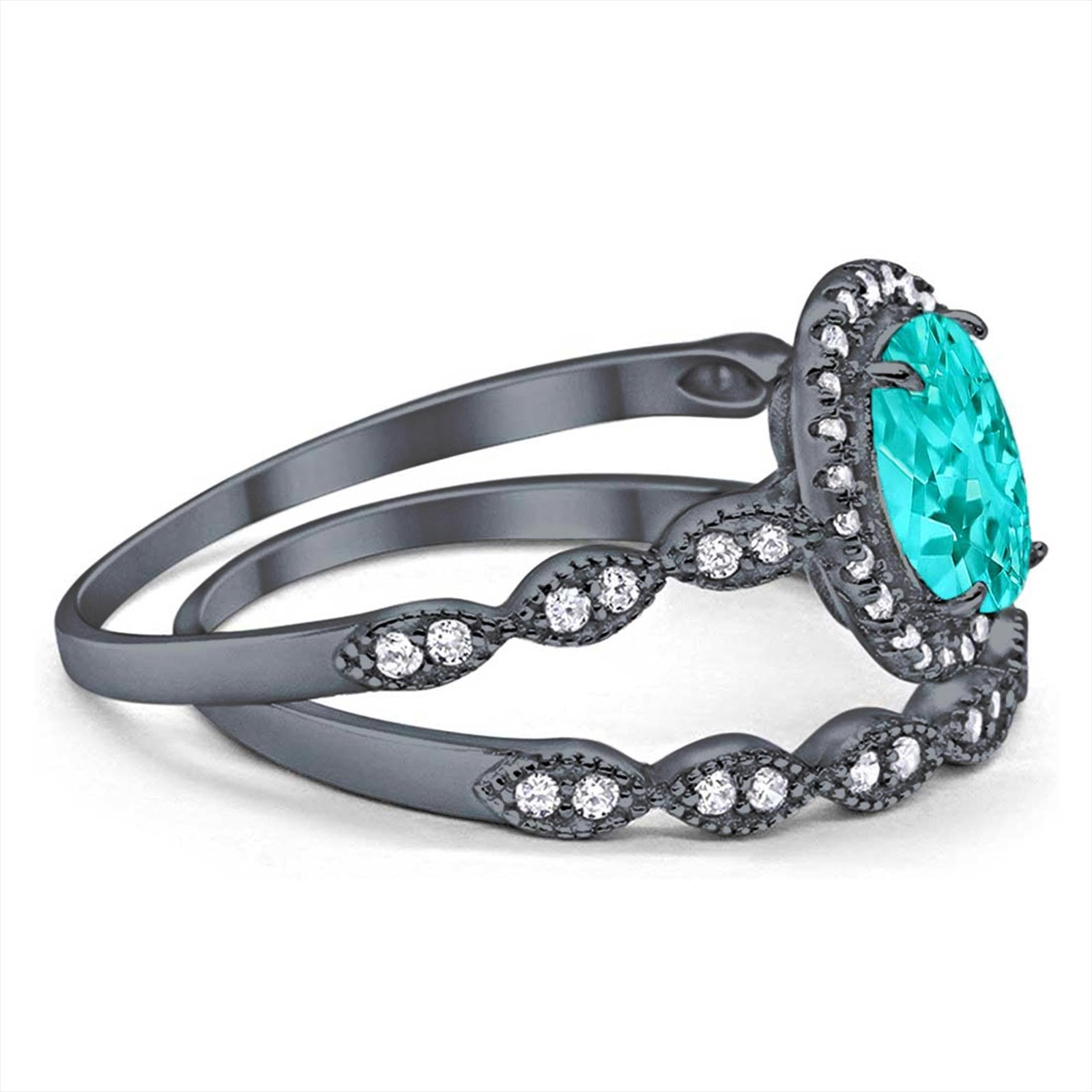 Halo Bridal Set Piece Oval Black Tone, Simulated Paraiba Tourmaline CZ Ring 925 Sterling Silver