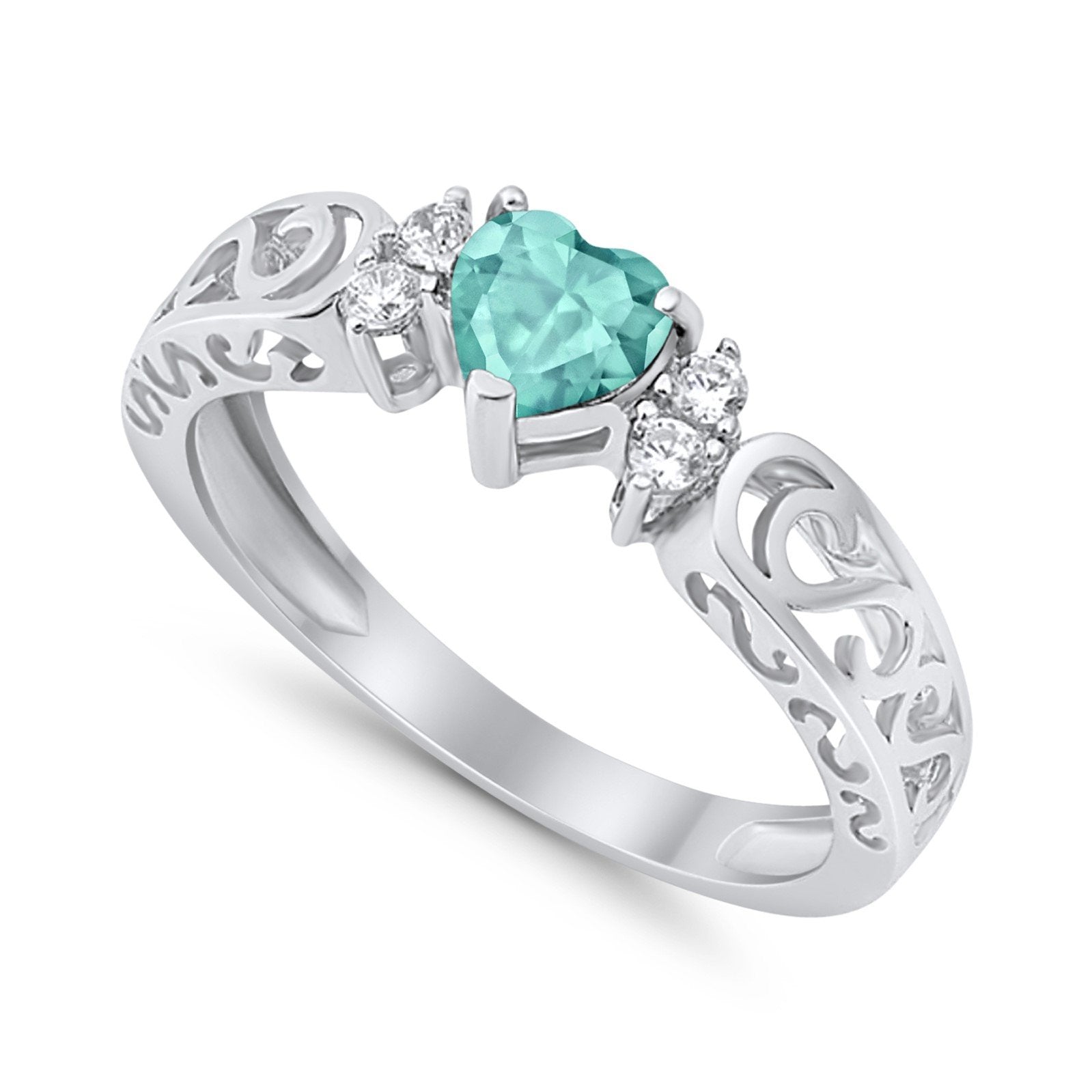 Filigree Heart Promise Wedding Ring Simulated Paraiba Tourmaline CZ 925 Sterling Silver