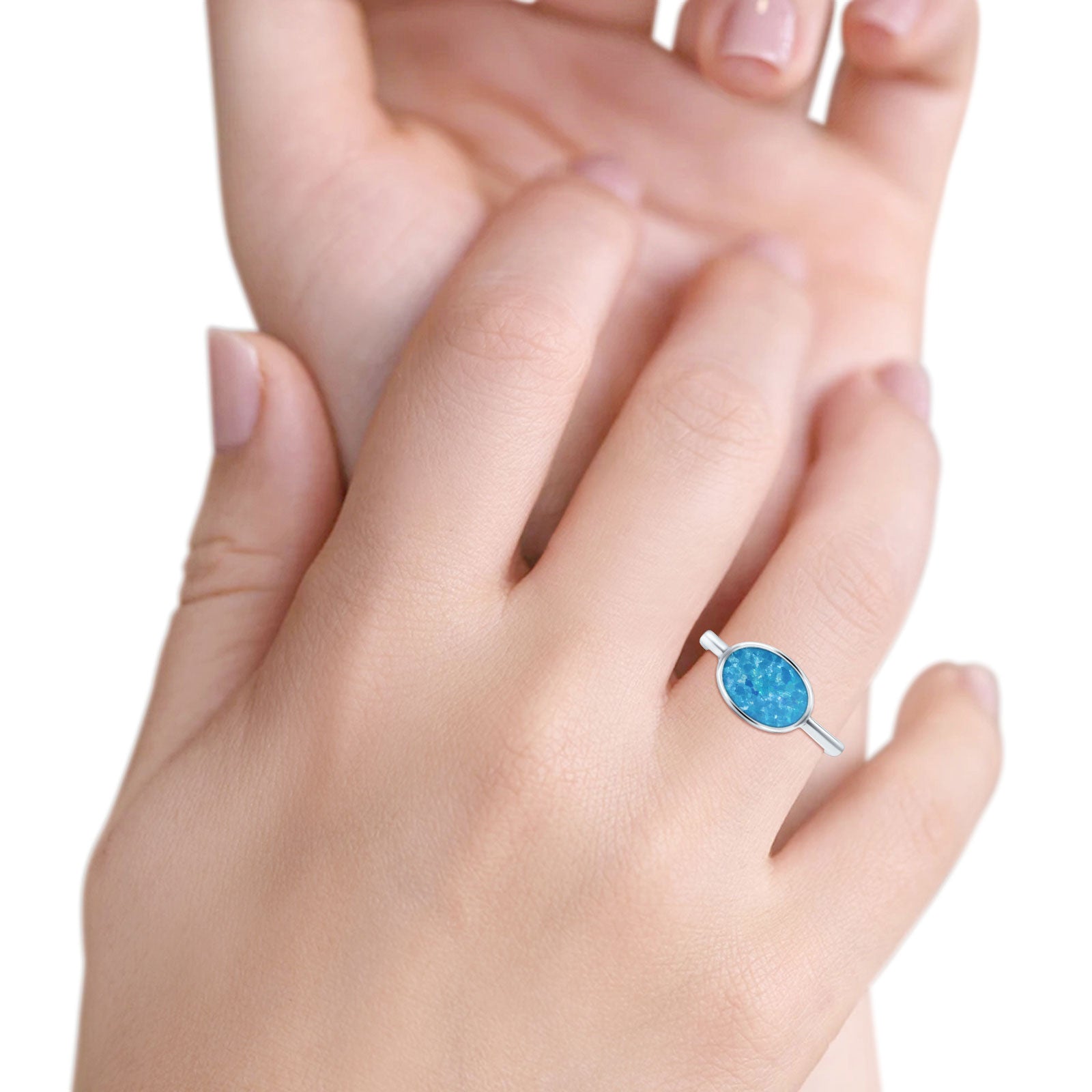 Petite Dainty Oval Lab Created Blue Opal Promise Ring Band Rhodium Plated Braided 925 Sterling Silver