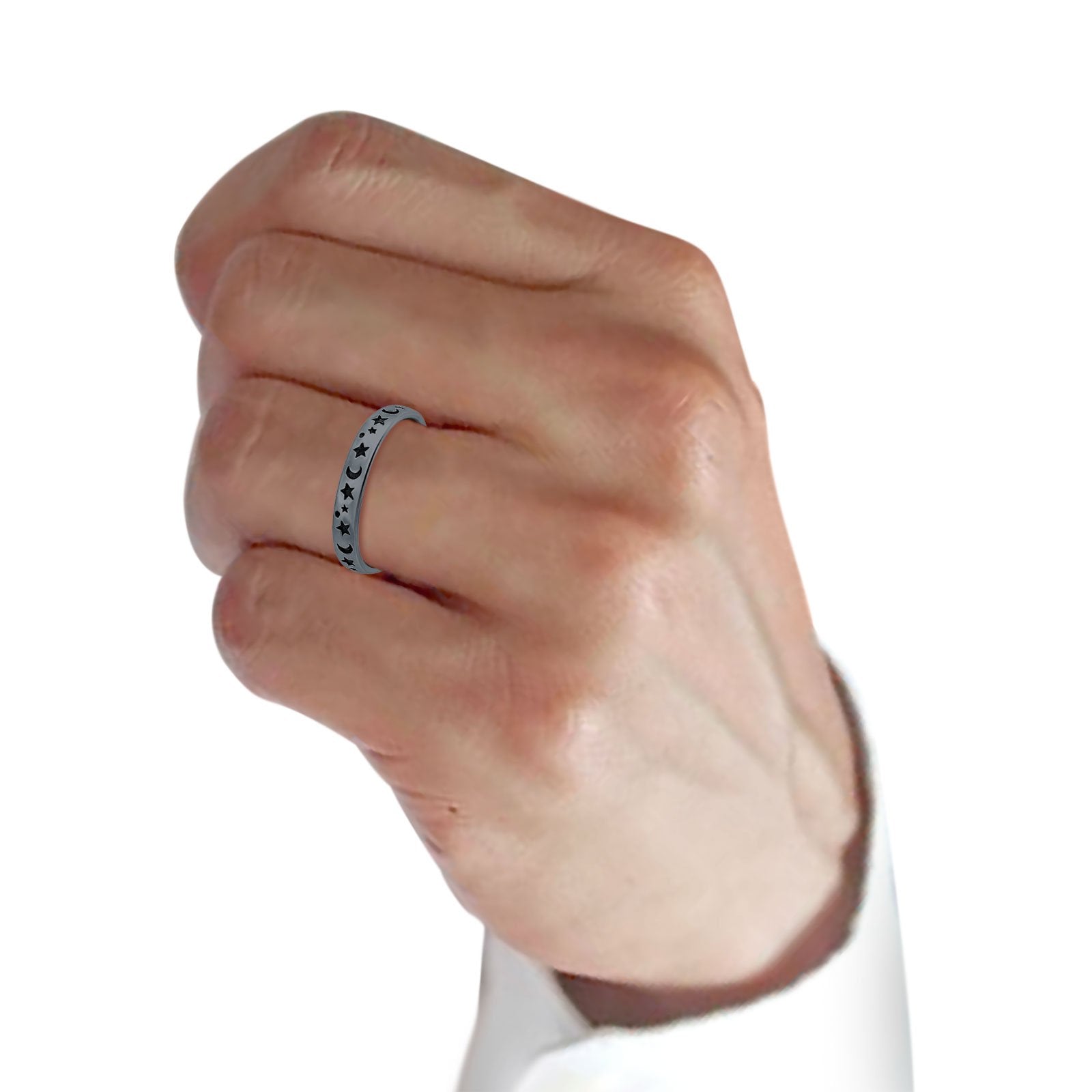 Stars Moon Plain Ring Band Solid Black Tone Round 925 Sterling Silver