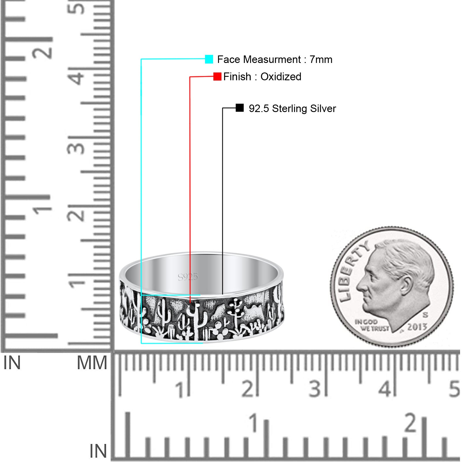 Desert Design Cactus Traditional Oxidized Band Solid 925 Sterling Silver Thumb Ring 7mm