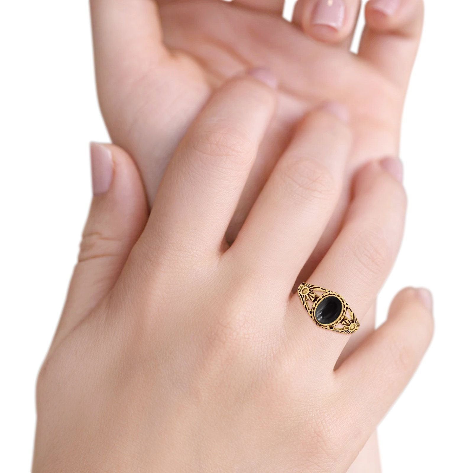 Antique Vintage Oval Yellow Tone, Simulated Black Onyx Ring Solid 925 Sterling Silver