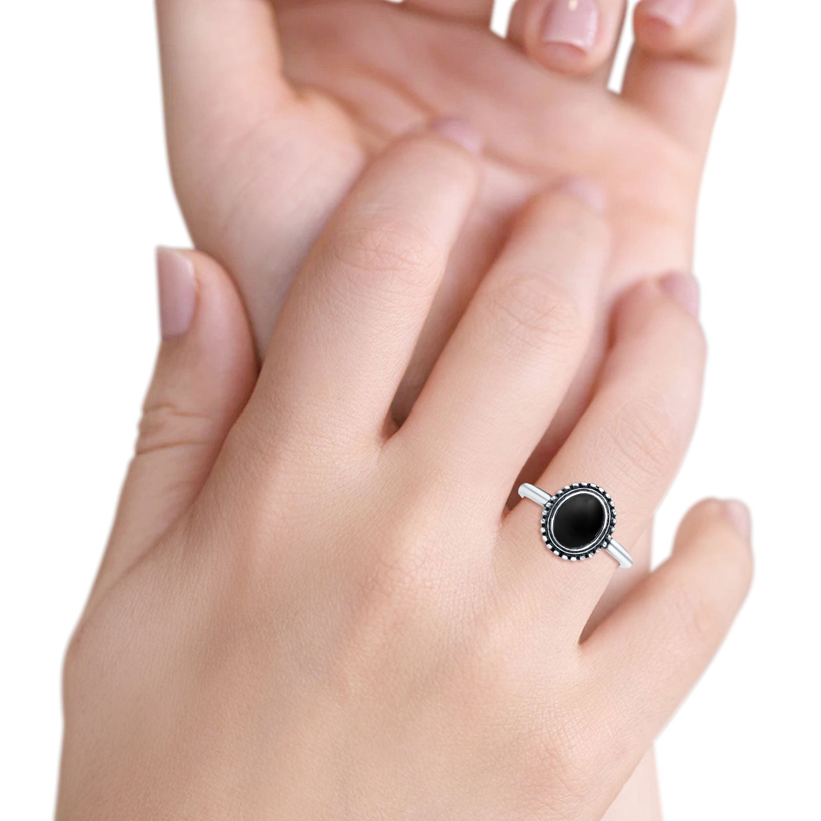 Petite Dainty Lab Opal Ring Solid Round Oxidized Simulated Black Onyx 925 Sterling Silver