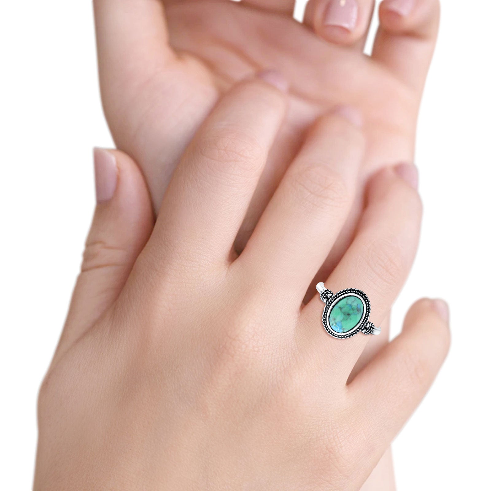 Petite Dainty Vintage Style Simulated Turquoise Ring Solid Oval Oxidized 925 Sterling Silver