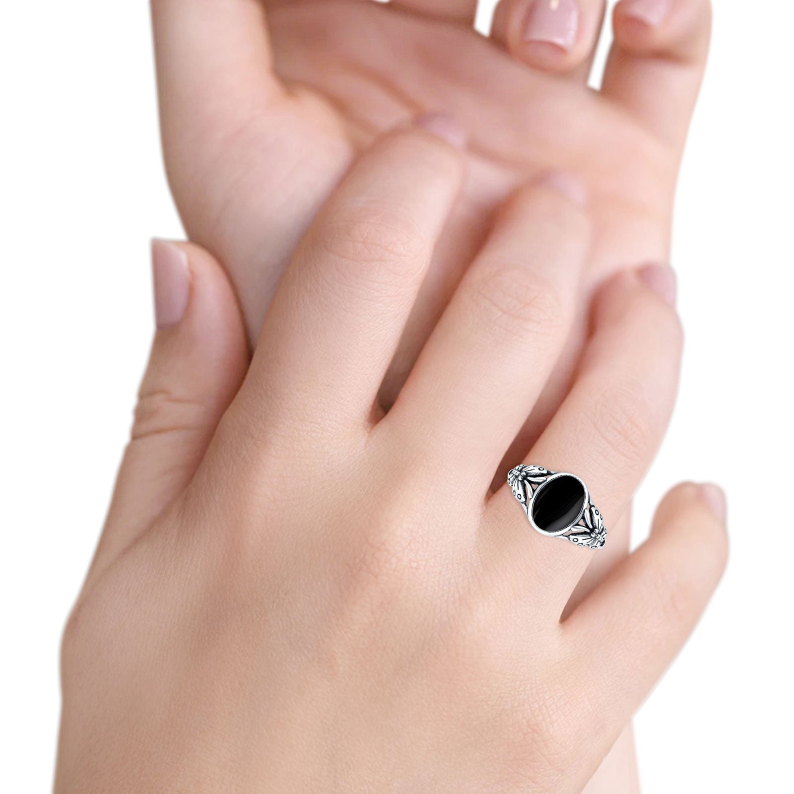 Petite Dainty Butterfly Lab Opal Ring Solid Oval Oxidized Simulated Black Onyx 925 Sterling Silver