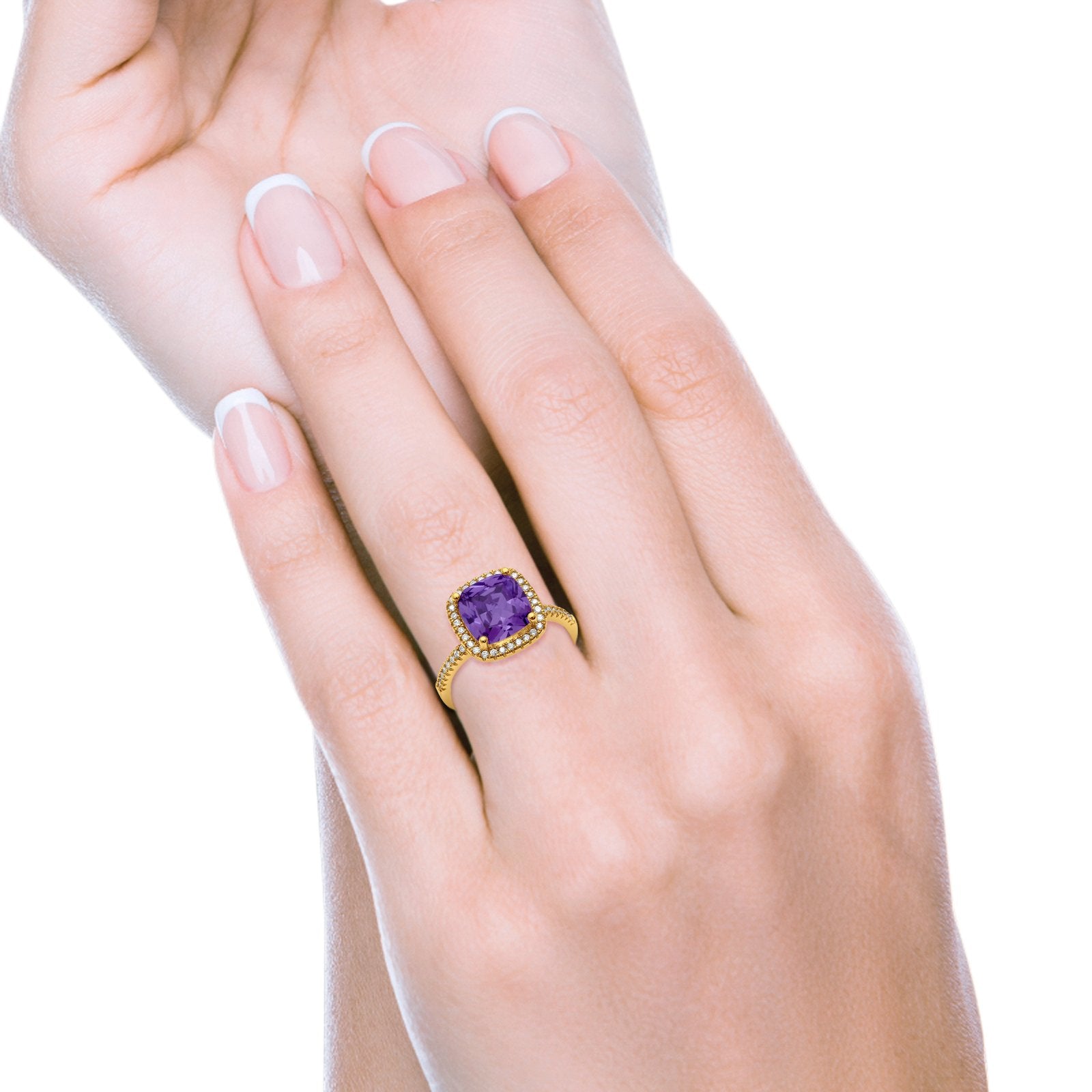 Engagement Ring Solitaire Cushion Yellow Tone, Simulated Amethyst CZ 925 Sterling Silver