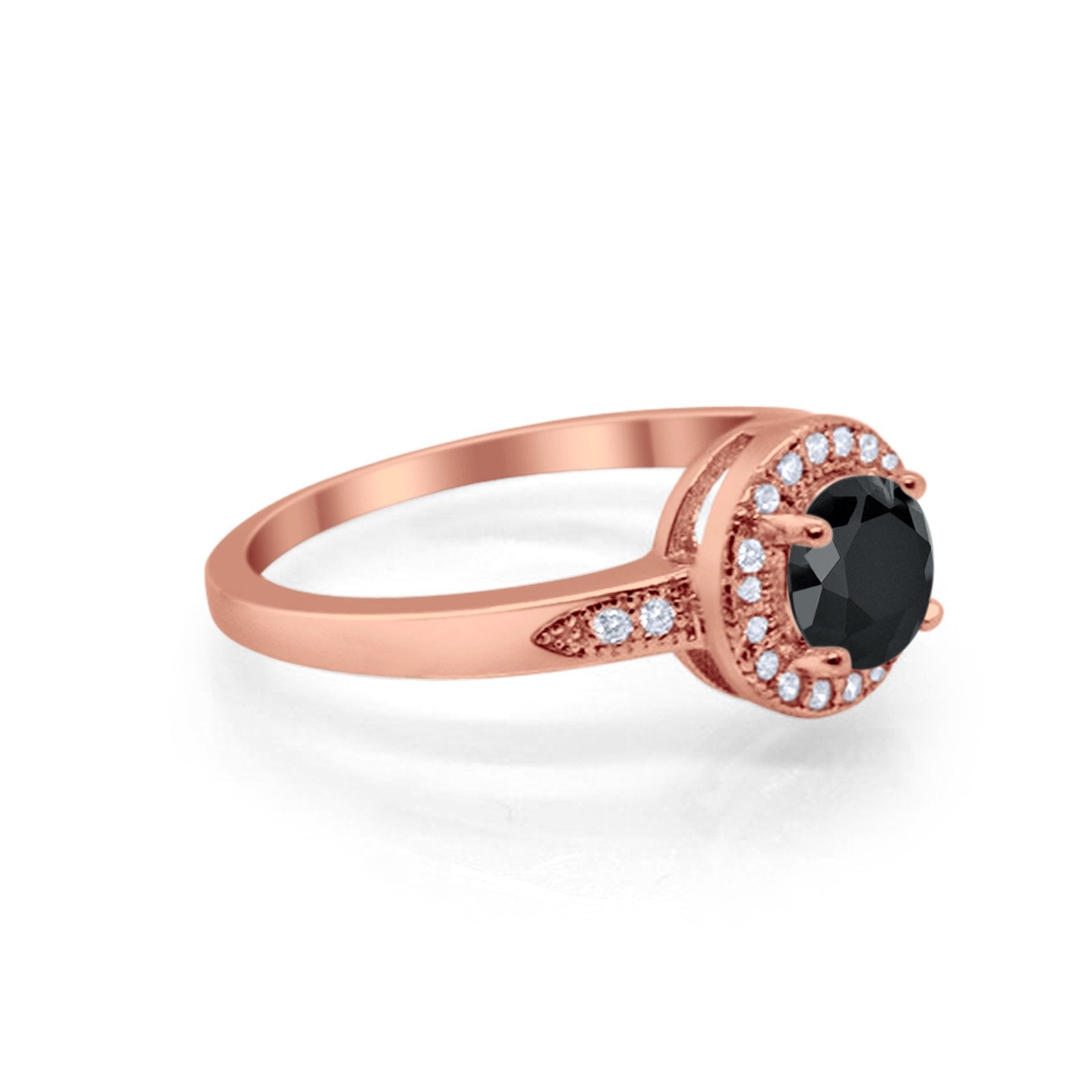 Halo Art Deco Engagement Ring Round Rose Tone, Simulated Black CZ 925 Sterling Silver