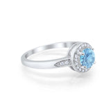 Halo Art Deco Engagement Ring Round Simulated Aquamarine CZ 925 Sterling Silver