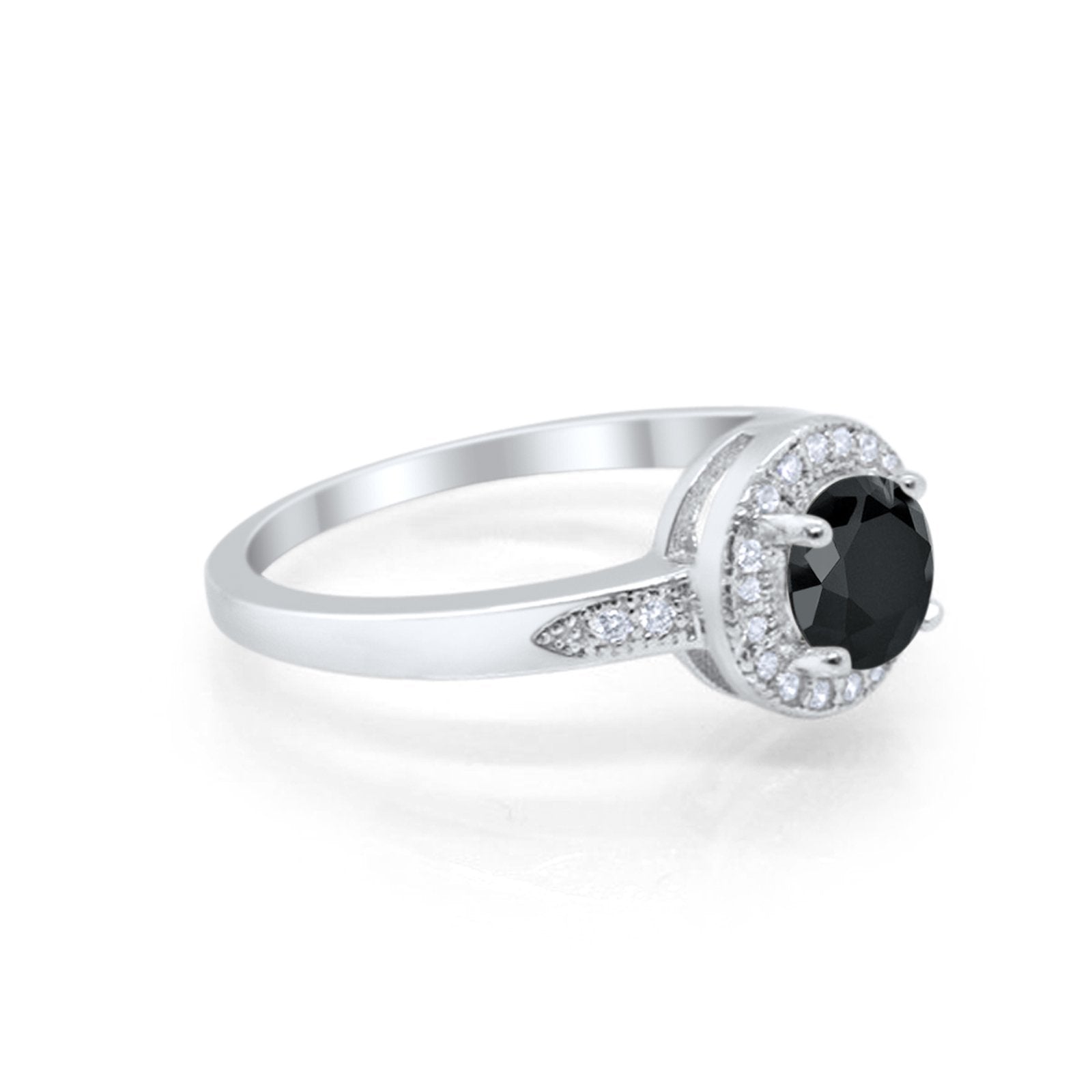 Halo Art Deco Engagement Ring Round Simulated Black CZ 925 Sterling Silver