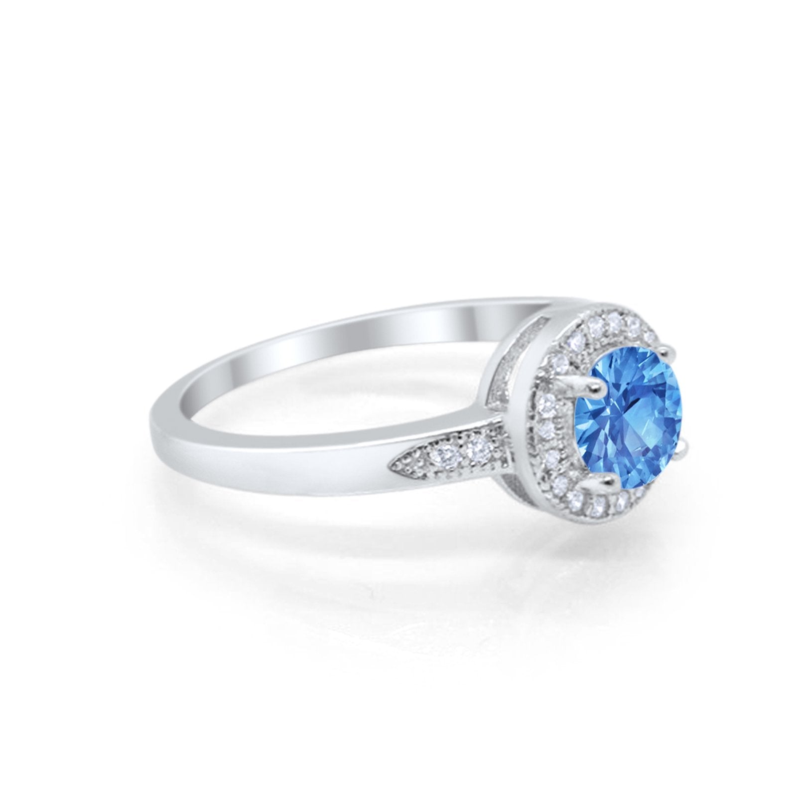 Halo Art Deco Engagement Ring Round Simulated Blue Topaz CZ 925 Sterling Silver