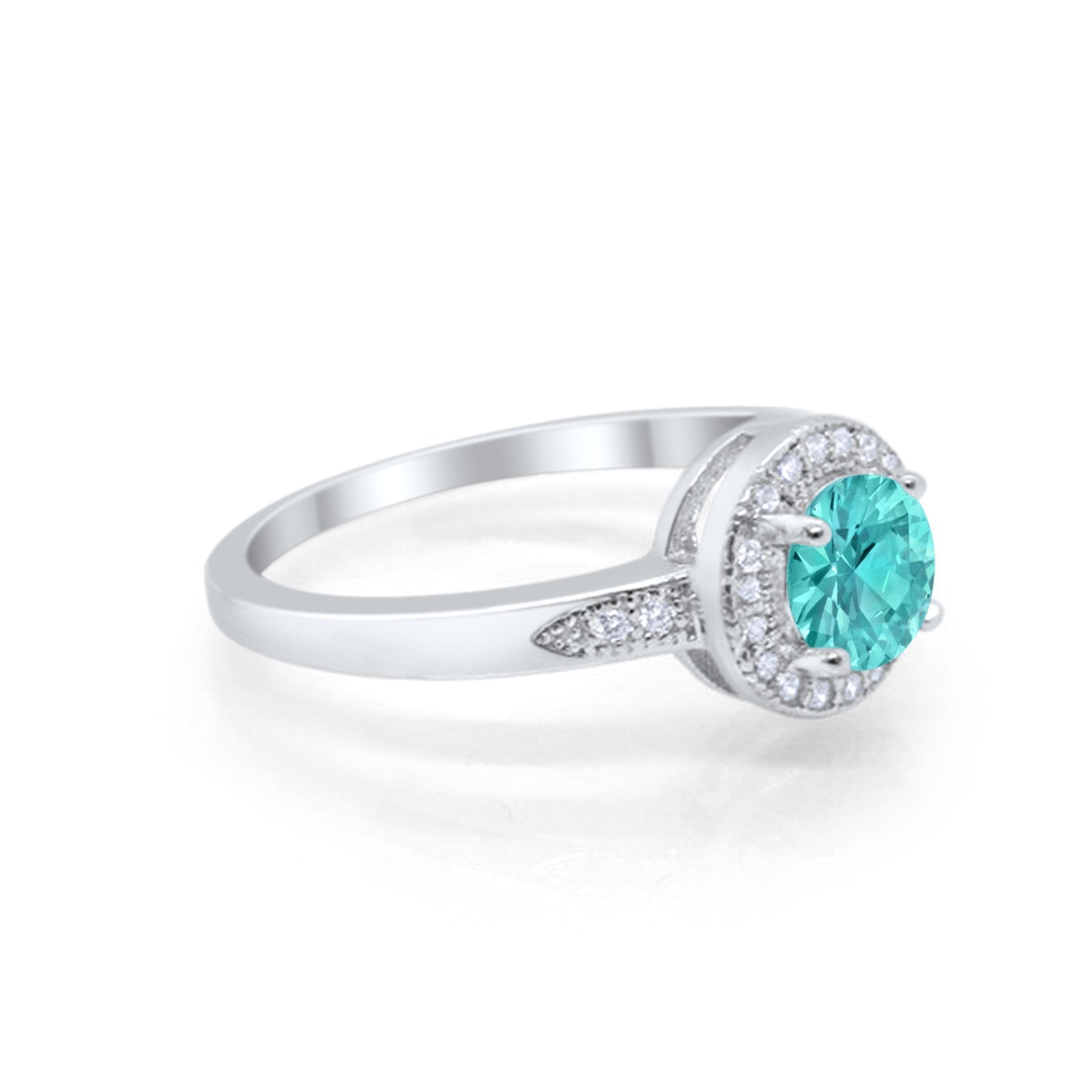 Halo Art Deco Engagement Ring Round Simulated Paraiba Tourmaline CZ 925 Sterling Silver