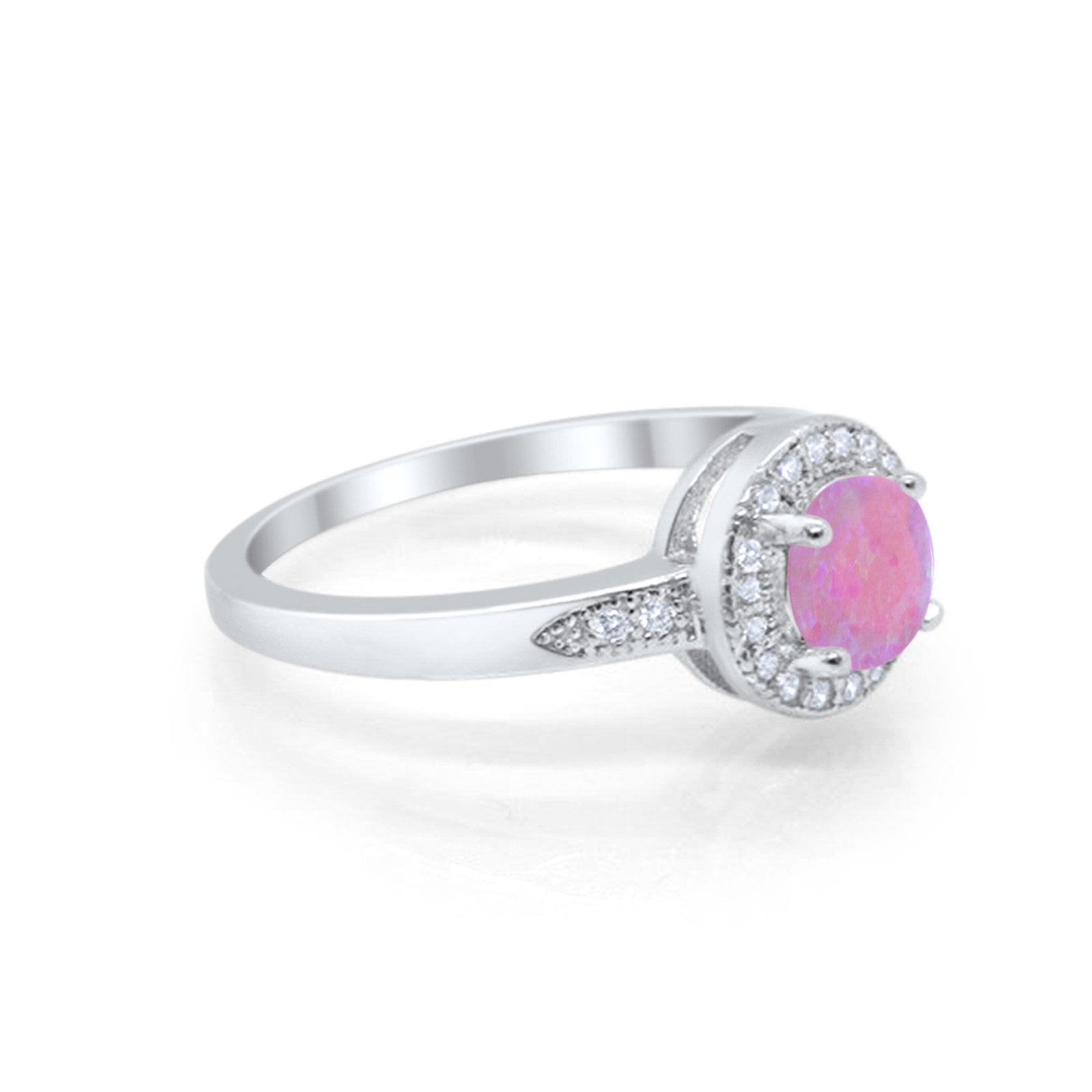 Halo Art Deco Engagement Ring Round Lab Created Pink Opal 925 Sterling Silver