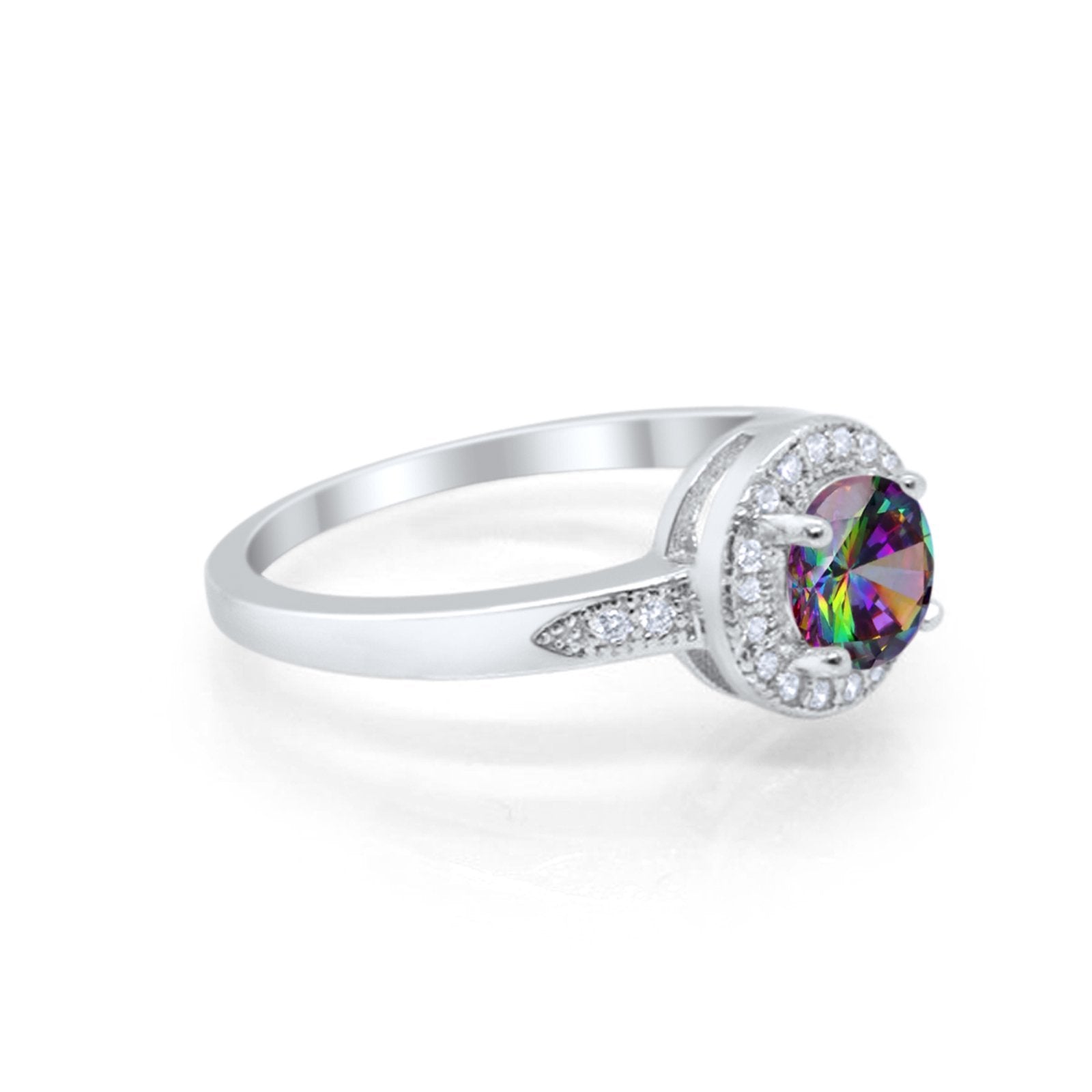 Halo Art Deco Engagement Ring Round Simulated Rainbow CZ 925 Sterling Silver