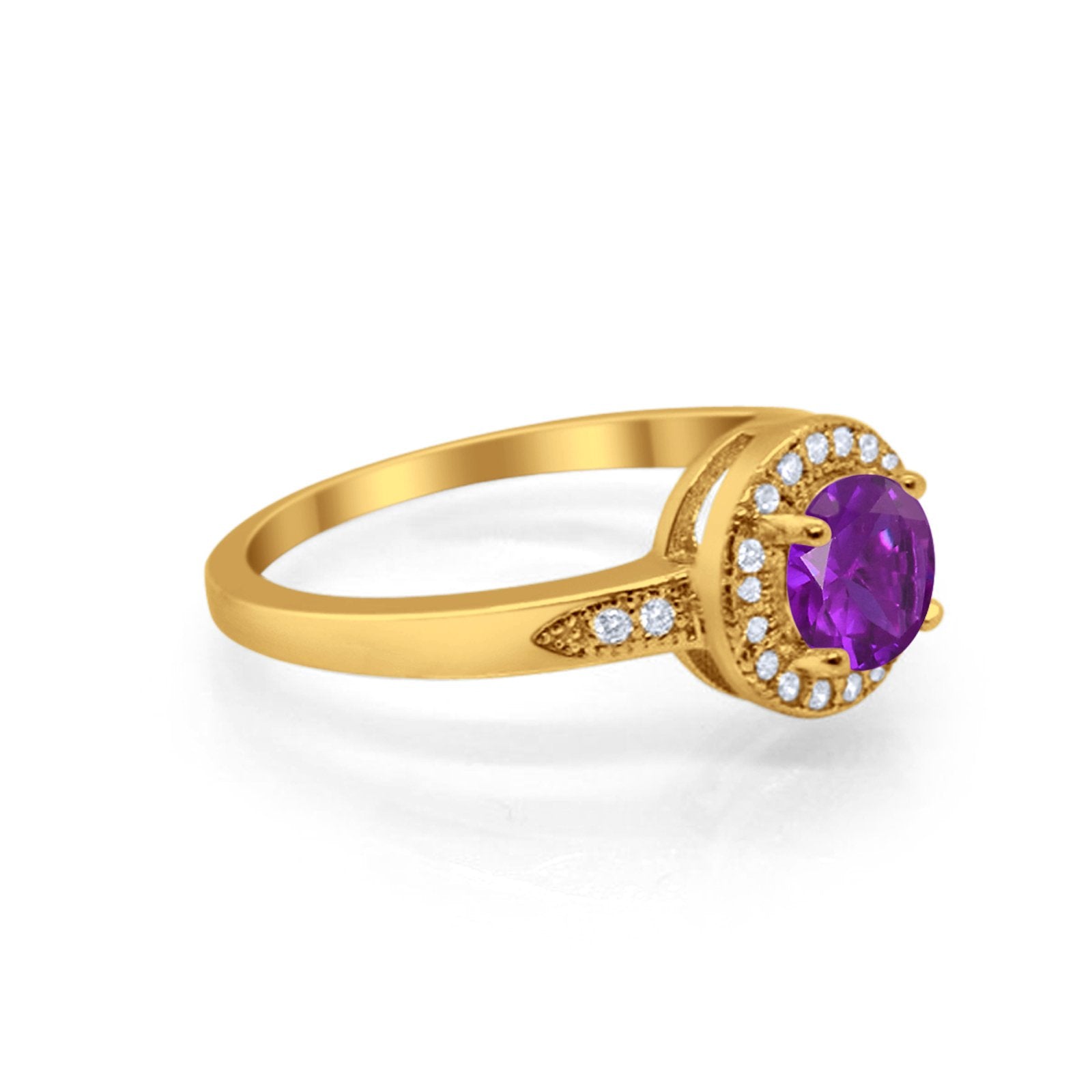 Halo Art Deco Engagement Ring Round Yellow Tone, Simulated Amethyst CZ 925 Sterling Silver