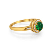 Halo Art Deco Engagement Ring Round Yellow Tone, Simulated Green Emerald CZ 925 Sterling Silver