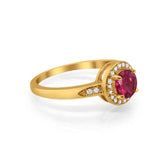 Halo Art Deco Engagement Ring Round Yellow Tone, Simulated Ruby CZ 925 Sterling Silver