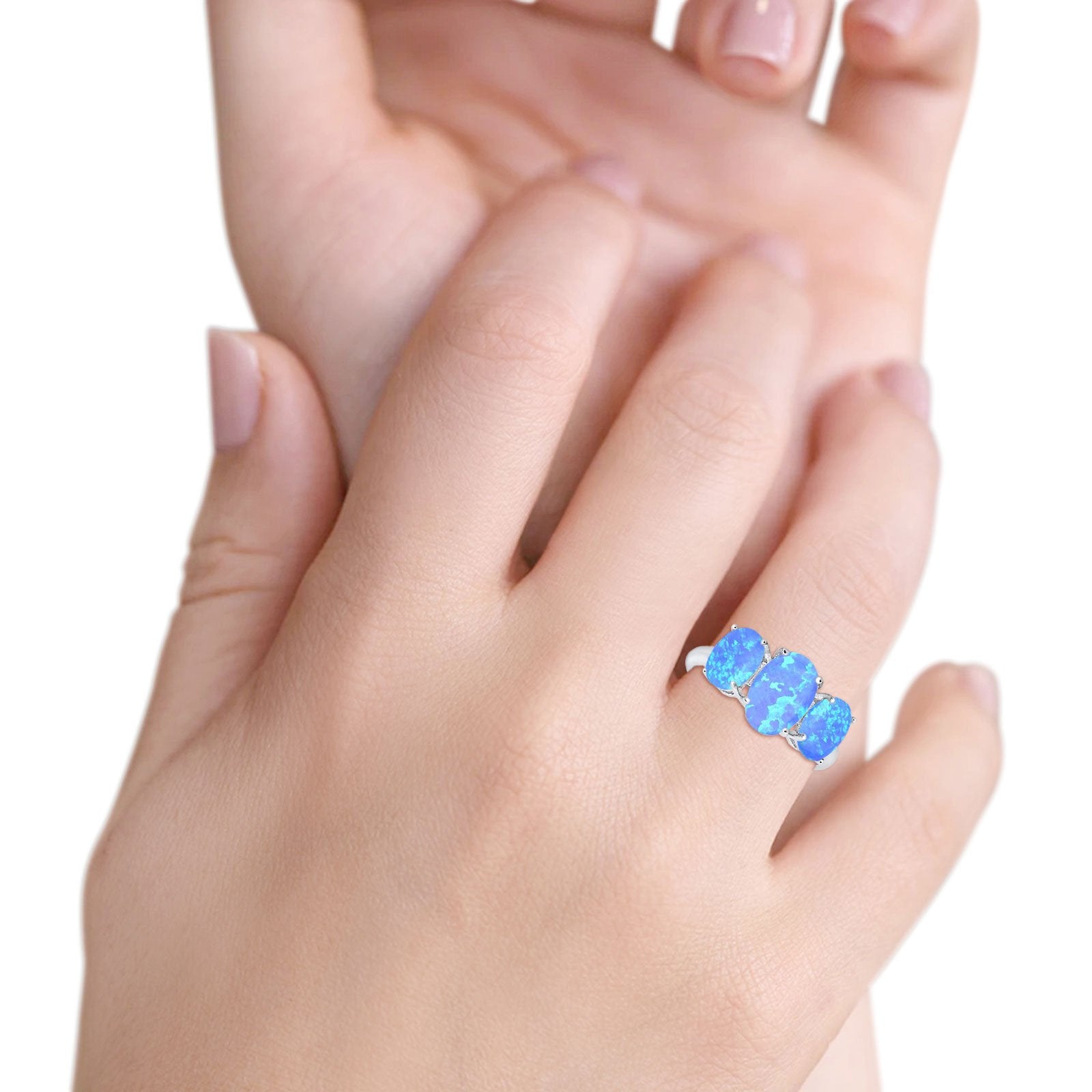 3-Stone Oval Lab Created Blue Opal Fashion Ring 925 Sterling Silver