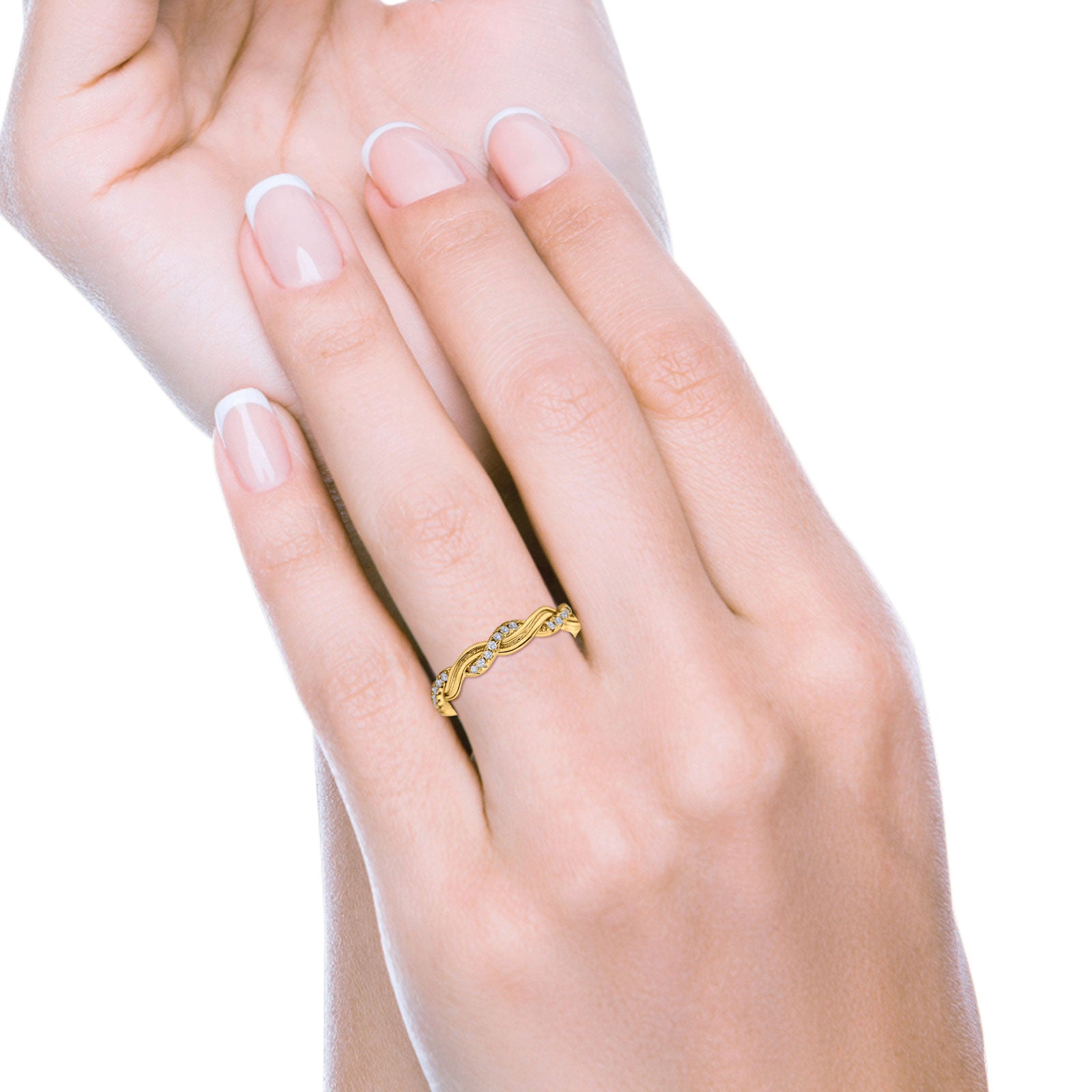 Half Eternity Rope Ring Wedding Band Round Pave Yellow Tone, Simulated CZ 925 Sterling Silver (4mm)