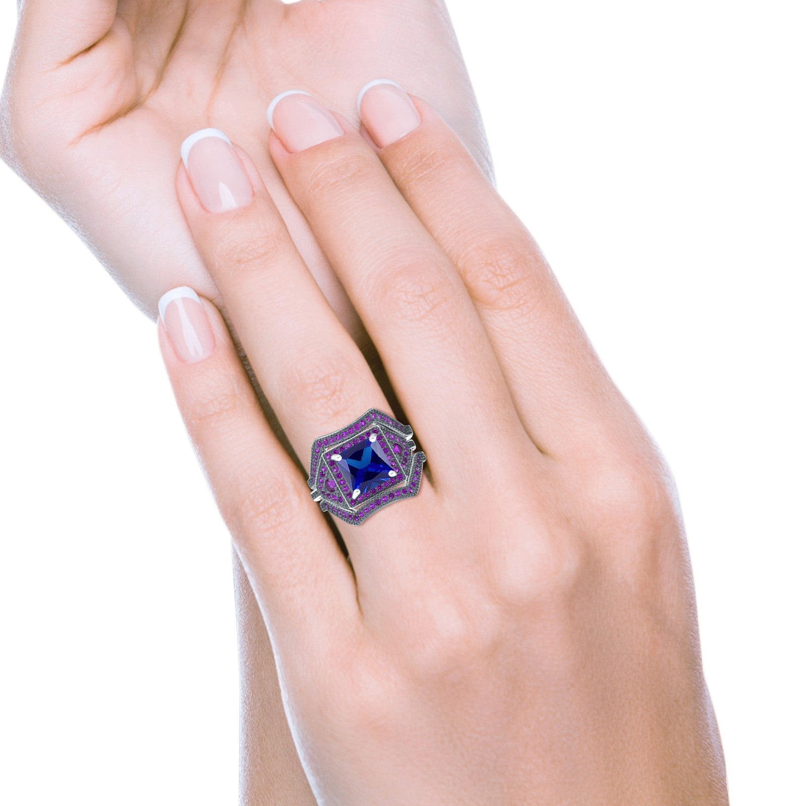 Three Piece Art Deco Princess Cut Wedding Ring Amethyst Simulated Blue Sapphire CZ 925 Sterling Silver