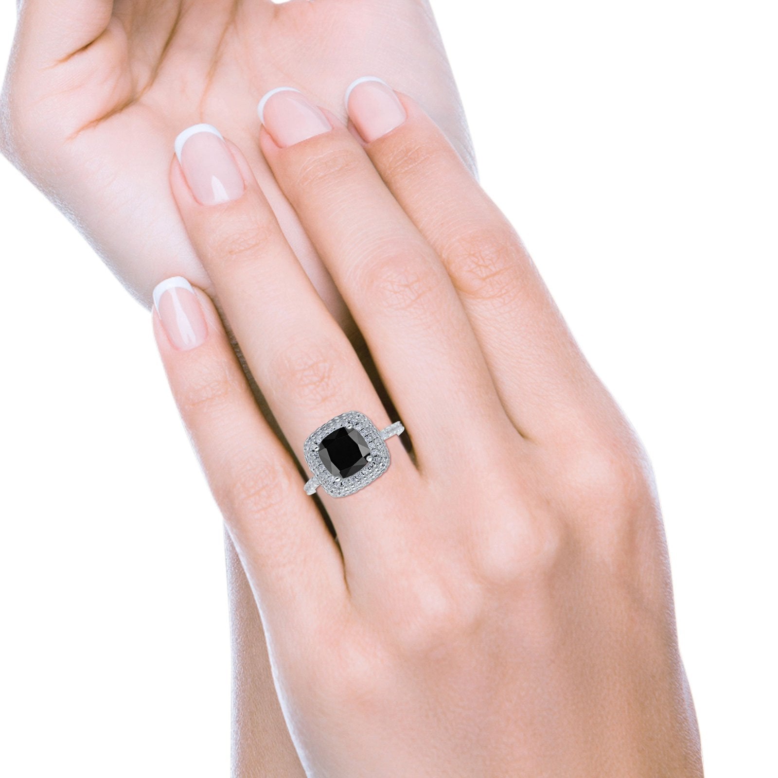Halo Art Deco Cushion Cut Wedding Ring Simulated Black CZ 925 Sterling Silver