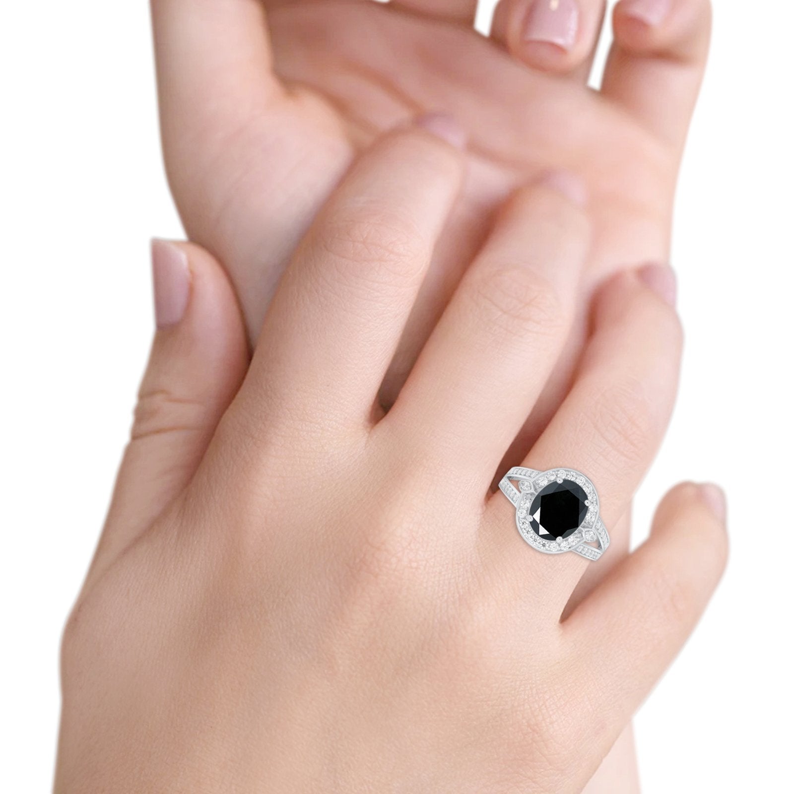 Art Deco Split Shank Engagement Bridal Ring Simulated Black CZ 925 Sterling Silver