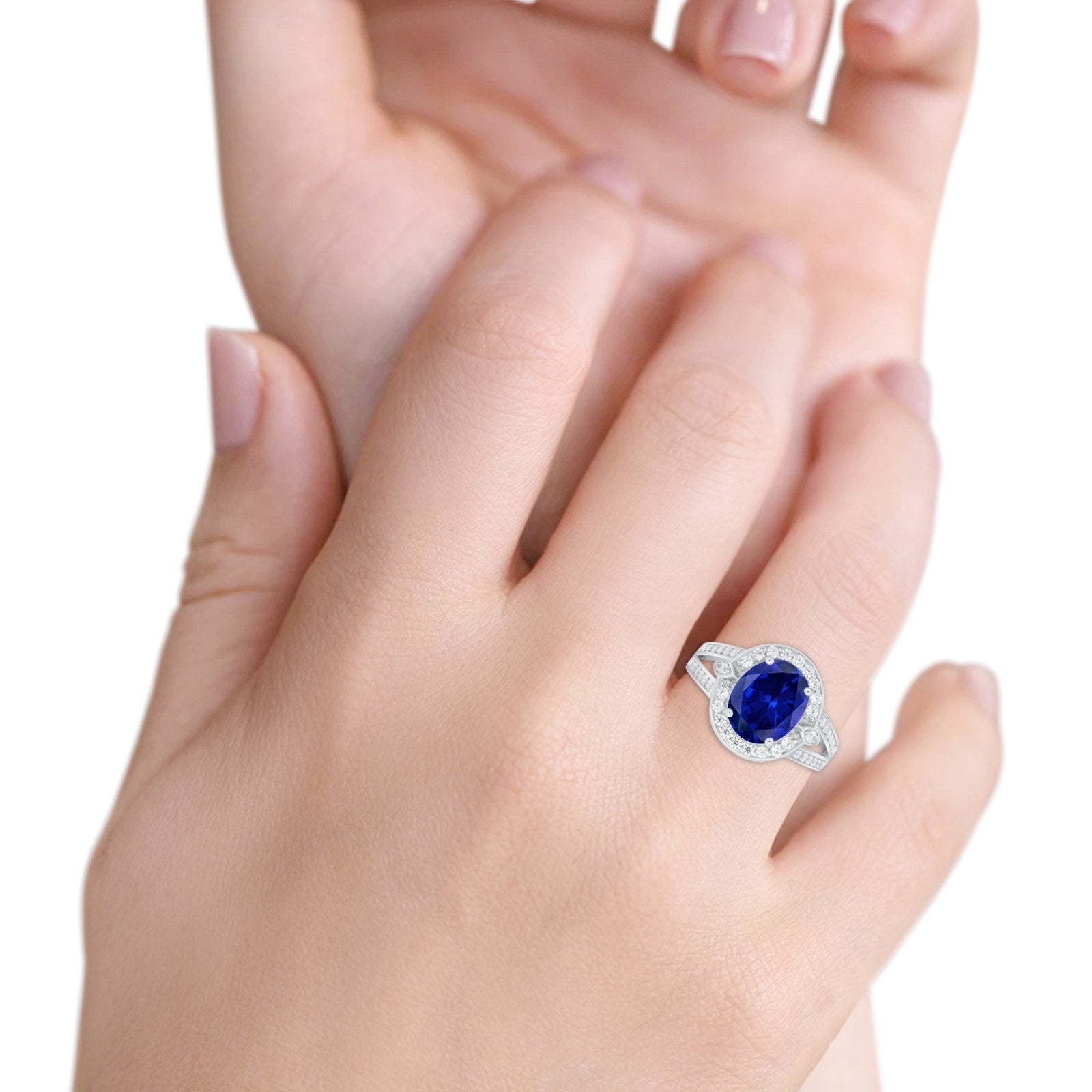 Art Deco Split Shank Engagement Bridal Ring Simulated Blue Sapphire CZ 925 Sterling Silver