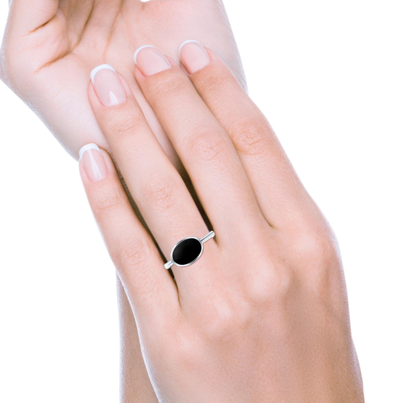 Petite Dainty Oval Simulated Black Onyx Promise Ring Band Rhodium Plated Braided 925 Sterling Silver