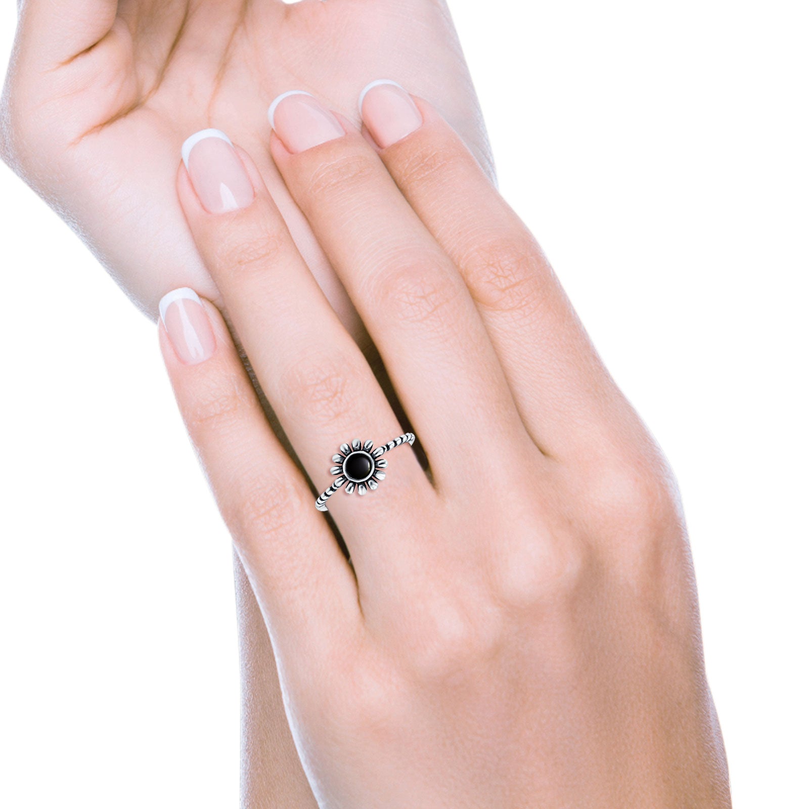 Flower Style Petite Dainty Round Ring Solid Oxidized Simulated Black Onyx 925 Sterling Silver