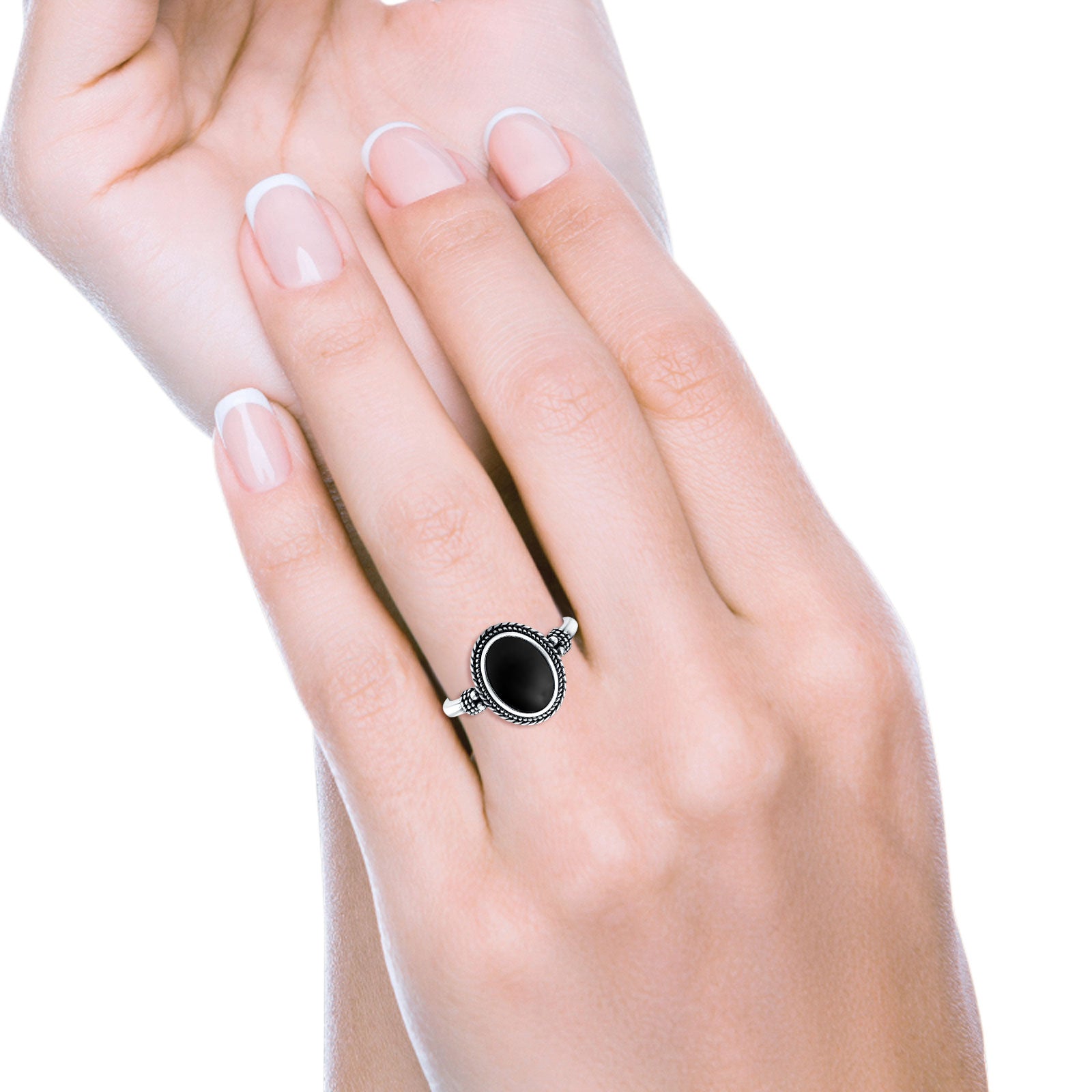 Petite Dainty Vintage Style Simulated Black Onyx Ring Solid Oval Oxidized 925 Sterling Silver