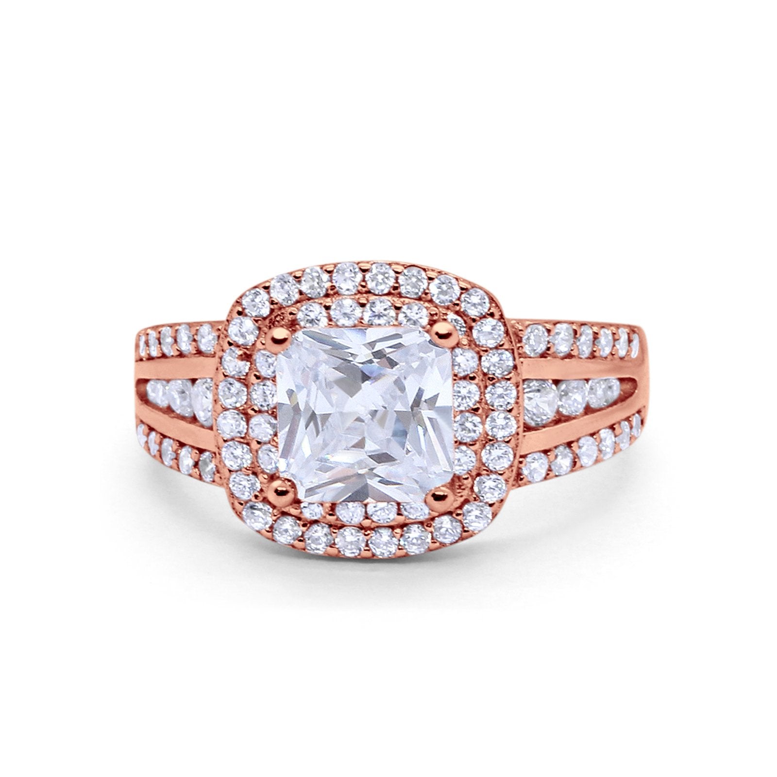 Halo Art Deco Wedding Ring Rose Tone, Simulated Cubic Zirconia 925 Sterling Silver