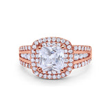 Halo Art Deco Wedding Ring Rose Tone, Simulated Cubic Zirconia 925 Sterling Silver