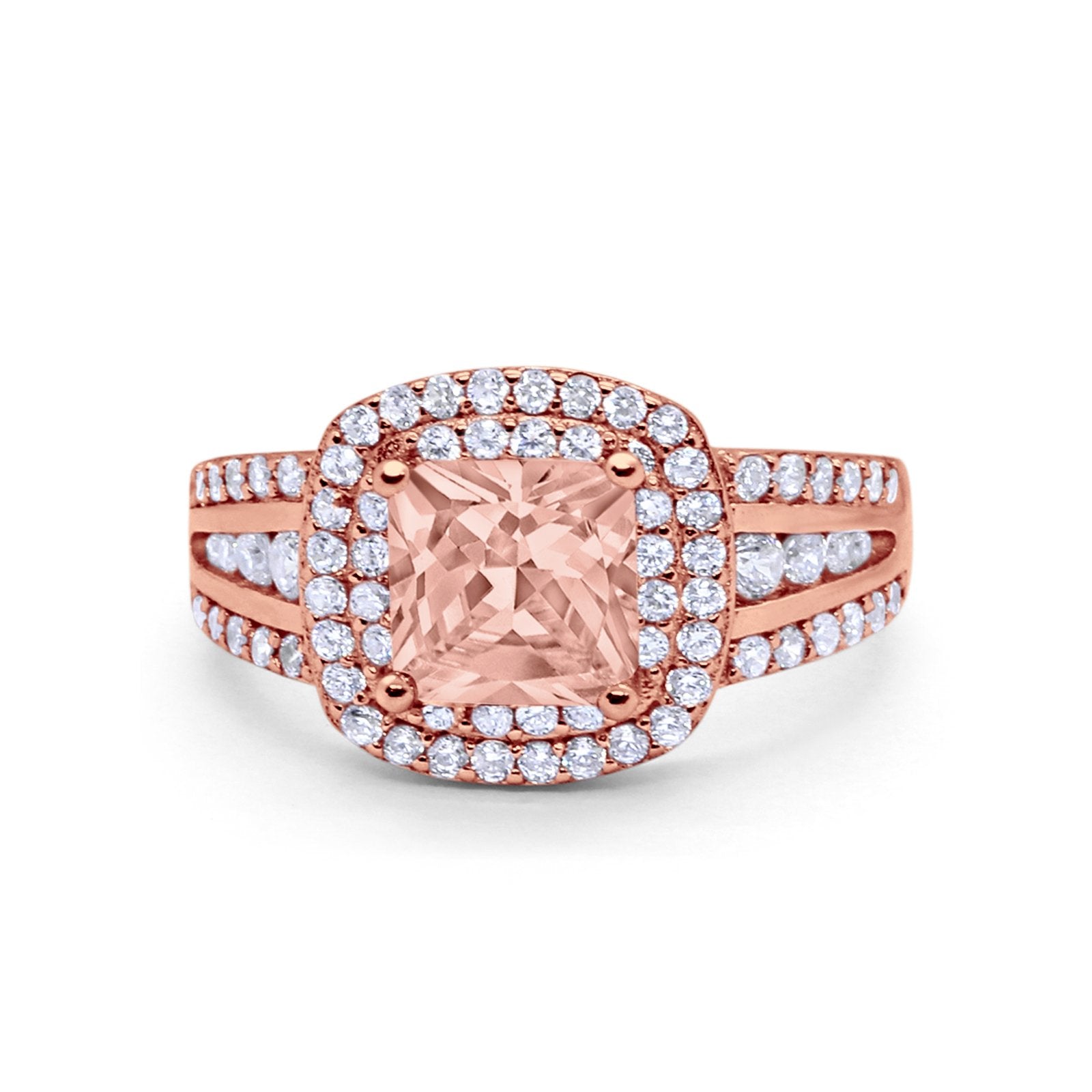 Halo Art Deco Wedding Ring Rose Tone, Simulated Morganite CZ 925 Sterling Silver