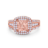 Halo Art Deco Wedding Ring Rose Tone, Simulated Morganite CZ 925 Sterling Silver