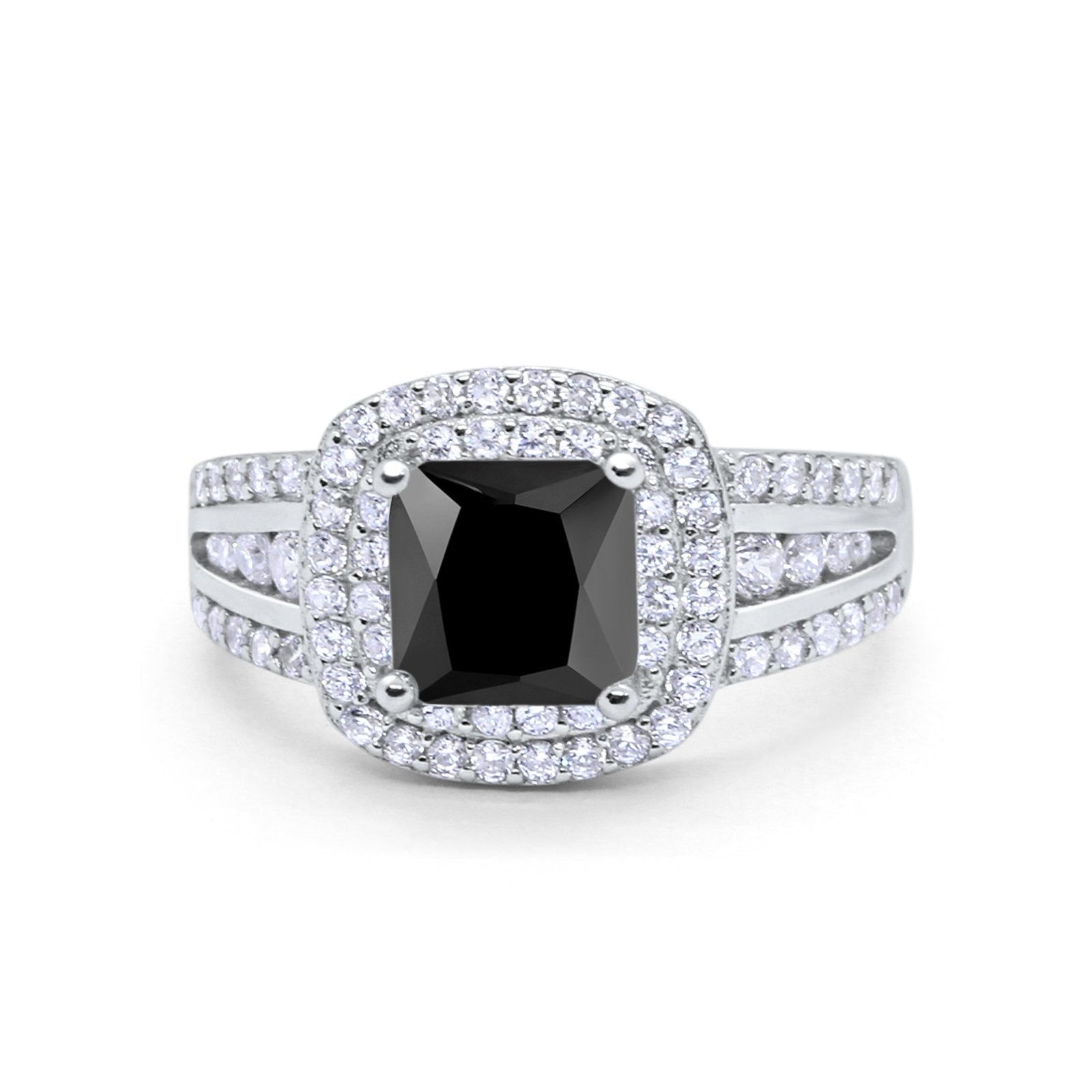 Halo Wedding Ring Princess Simulated Black CZ 925 Sterling Silver