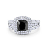 Halo Wedding Ring Princess Simulated Black CZ 925 Sterling Silver
