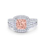 Halo Wedding Ring Princess Simulated Morganite CZ 925 Sterling Silver
