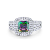 Halo Wedding Ring Princess Simulated Rainbow CZ 925 Sterling Silver