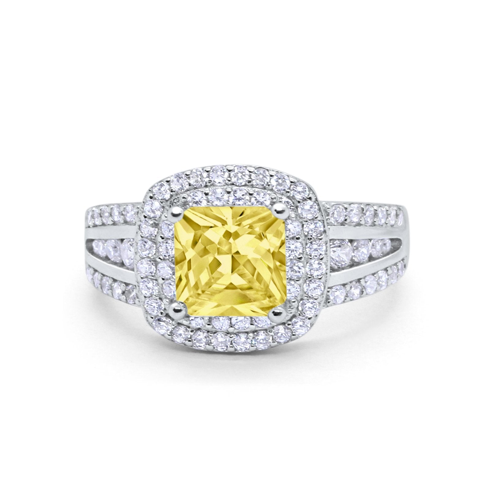 Halo Wedding Ring Princess Simulated Yellow CZ 925 Sterling Silver