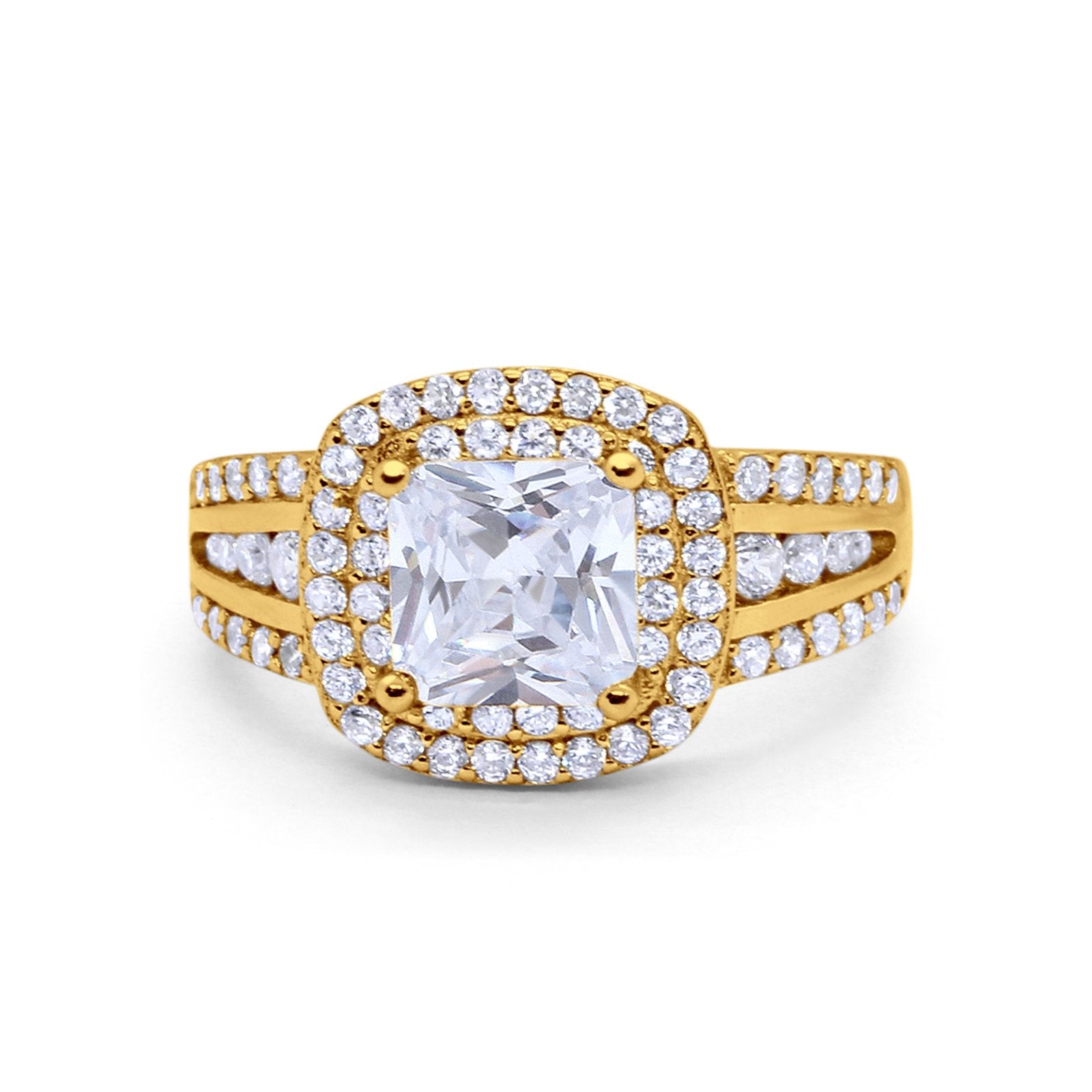 Halo Wedding Ring Princess Yellow Tone, Simulated Cubic Zirconia 925 Sterling Silver