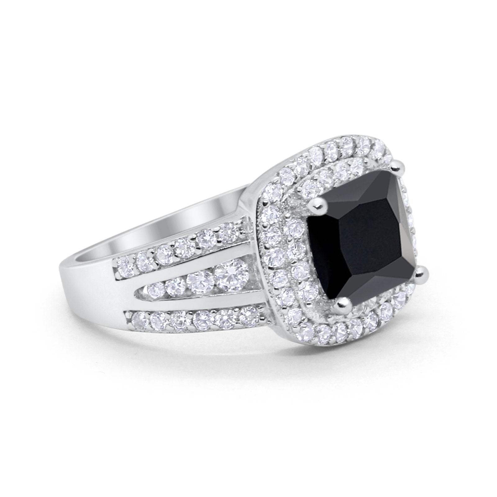 Halo Wedding Ring Princess Simulated Black CZ 925 Sterling Silver