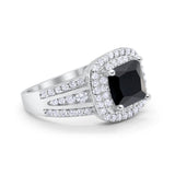 Halo Wedding Ring Princess Simulated Black CZ 925 Sterling Silver