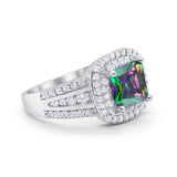 Halo Wedding Ring Princess Simulated Rainbow CZ 925 Sterling Silver
