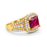 Halo Art Deco Wedding Ring Yellow Tone, Simulated Ruby CZ 925 Sterling Silver